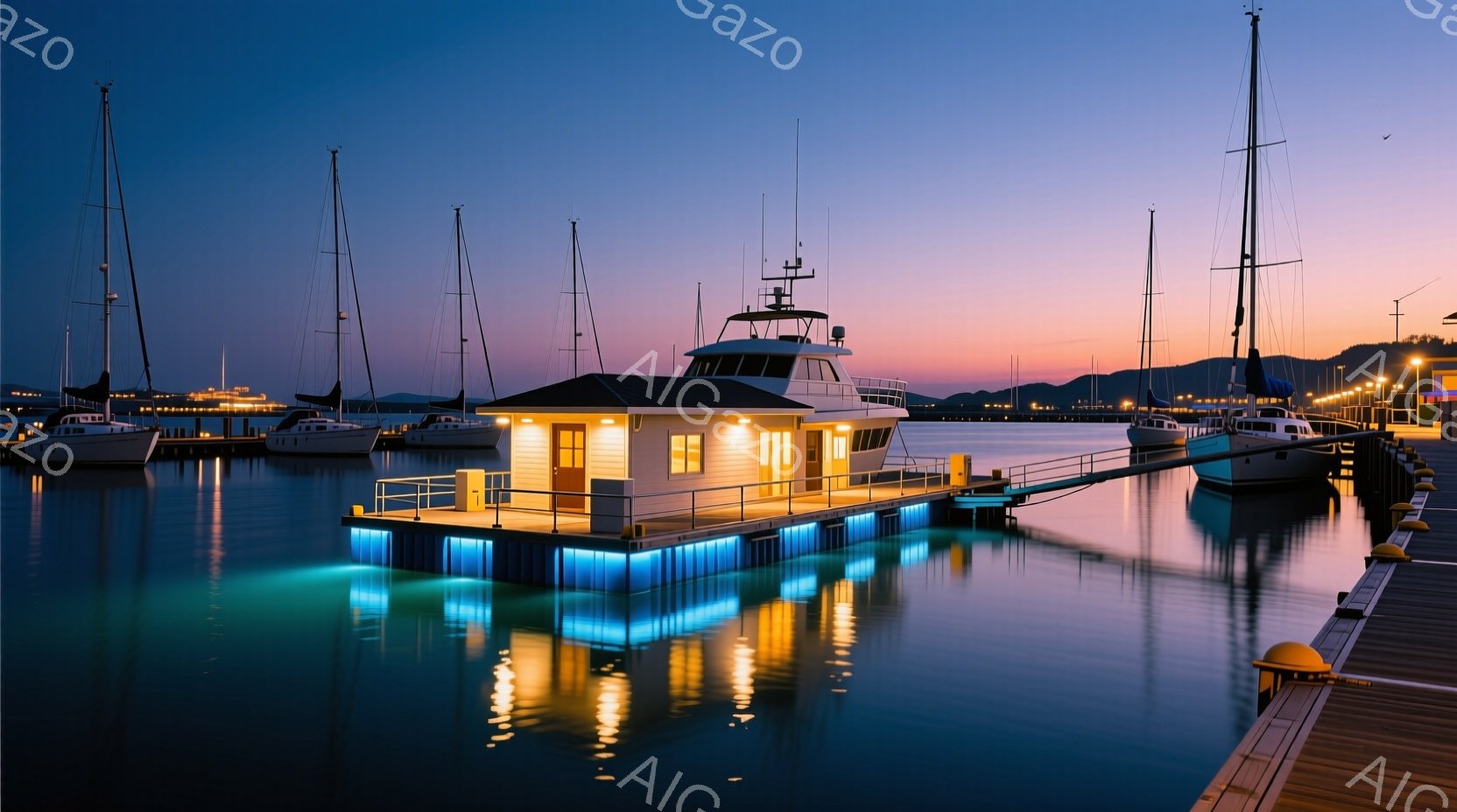 マリーナに浮かぶ白い船が印象的な光景です。船体下部には青いライトが灯り、水面に美しい反射を作り出しています。夕焼け空の下、穏やかな海面と停泊したヨットが、静かで平和な雰囲気を醸し出しています。 - AI生成フリー素材