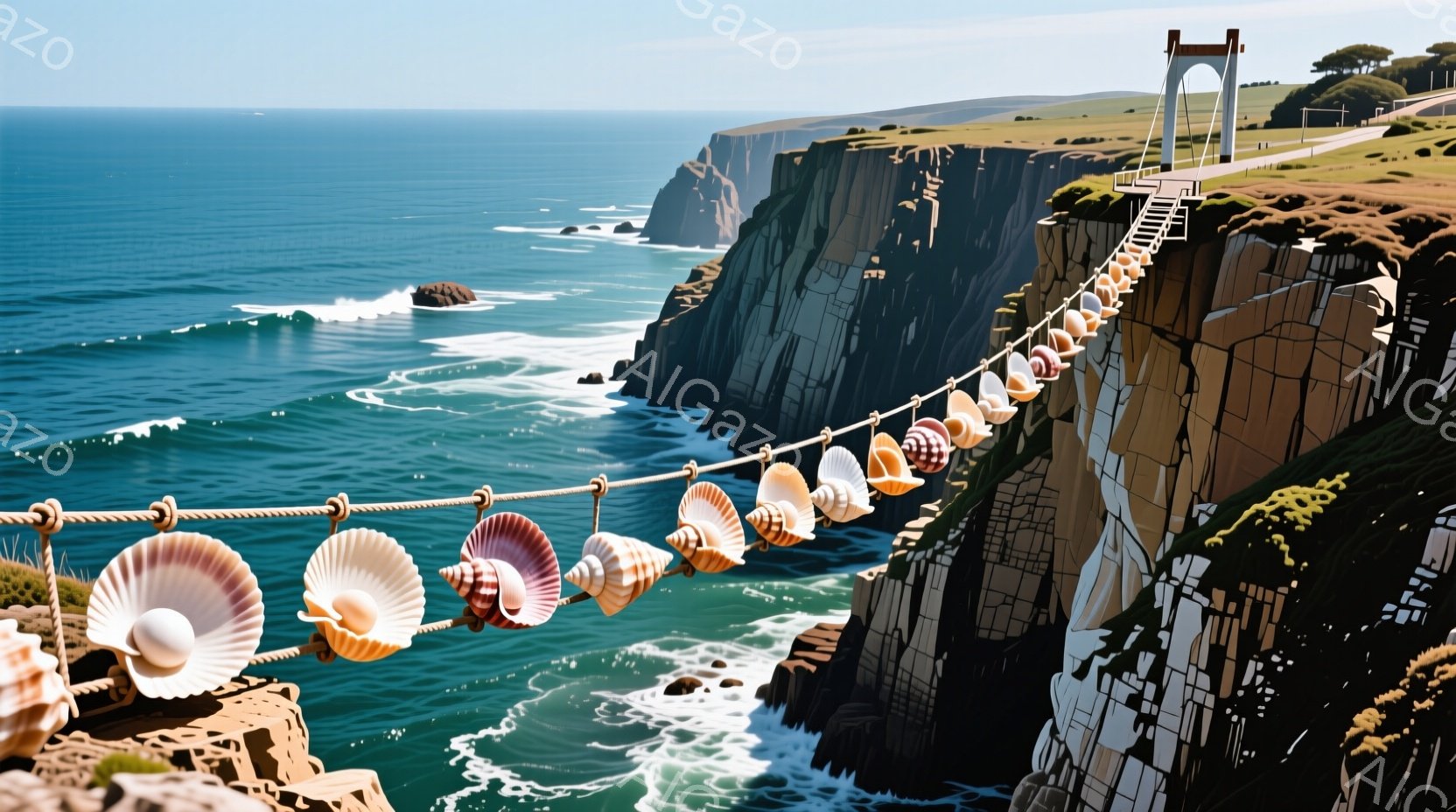 荒々しい崖の上に、貝殻が連なって吊るされたロープが張られています。背景にはエメラルドグリーンの海と白い波が広がり、崖の岩肌とコントラストをなしています。晴れた空の下、自然の力強さと繊細な手仕事の組み合わせが、独特の雰囲気を生み出しています。
