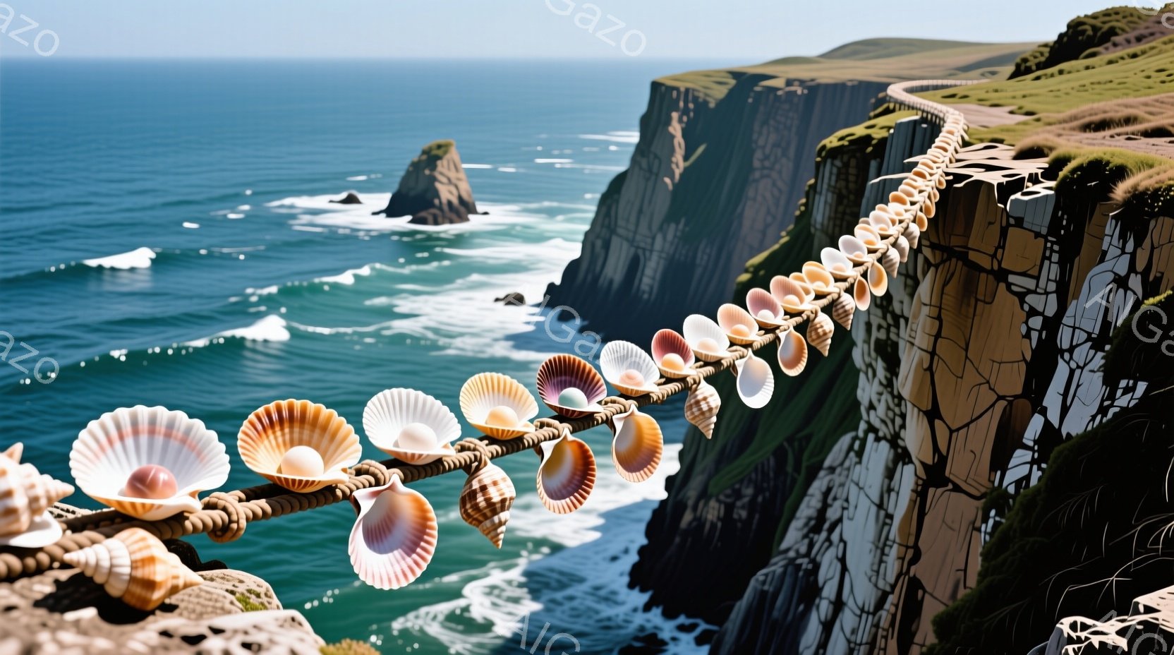 険しい崖の縁に、色とりどりの貝殻が連なるロープが張られています。背景には、青い海と岩の柱、そして緑豊かな崖が広がり、晴天の下、穏やかで幻想的な雰囲気を醸し出しています。海は穏やかで、遠くには白い波が打ち寄せ、自然の美しさを際立たせています。