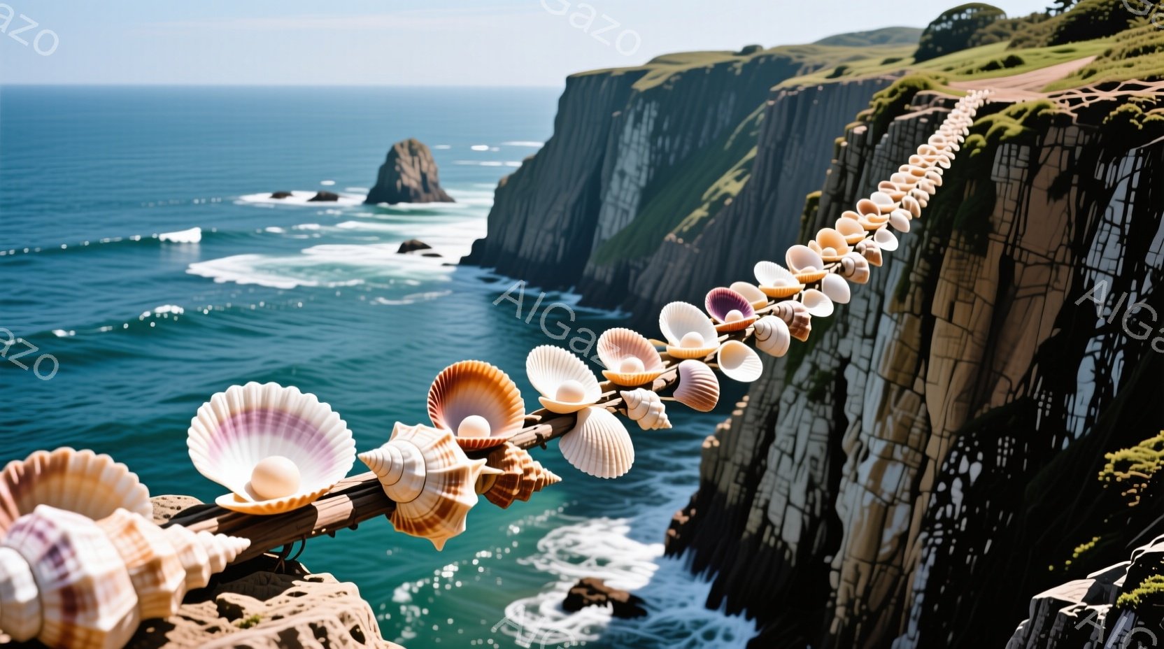 岩だらけの崖の上に、様々な貝殻が並べられた柵が広がっている。背景には、青い海と切り立った崖、そして遠くに見える岩の柱が広がり、晴れた空の下、自然の壮大さを感じさせる。波が打ち寄せ、光が反射し、穏やかでありながらも力強い雰囲気を醸し出している。