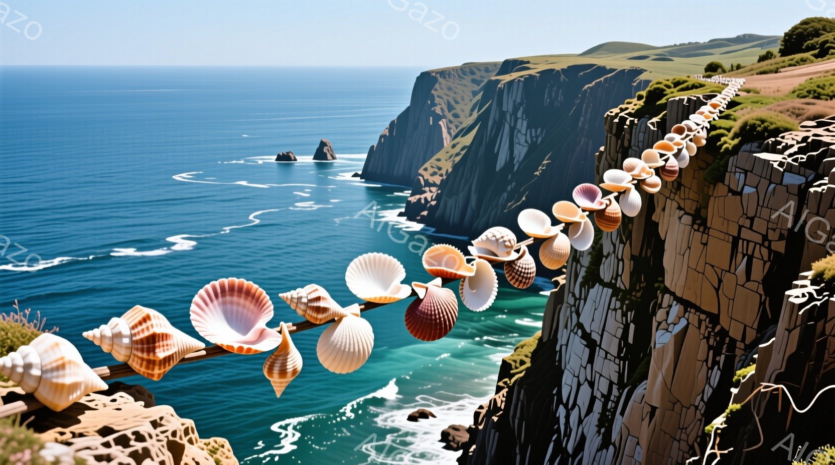断崖絶壁の縁に、様々な種類の貝殻が連ねられています。背景にはエメラルドグリーンの海と荒々しい岩山が広がり、遠くには小さな島影が見えます。晴天の下、自然の壮大さと繊細な貝殻のコントラストが印象的な風景で - AI生成フリー素材