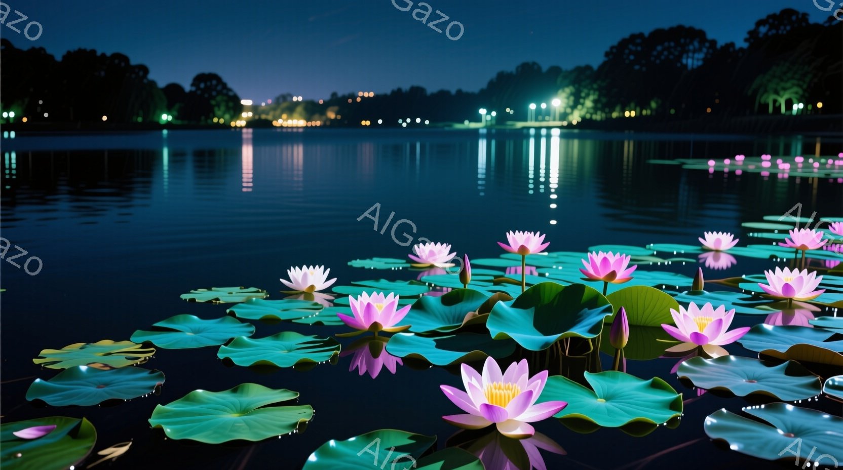 暗い水面にピンク色の蓮の花が咲き乱れ、緑色の大きな葉が水面を覆っています。遠景にはぼんやりと光る街灯や建物が見え、夜の静けさと自然の美しさが感じられます。水面は穏やかで、夜空と光が水面に反射し、幻想的な雰囲気を醸し出しています。