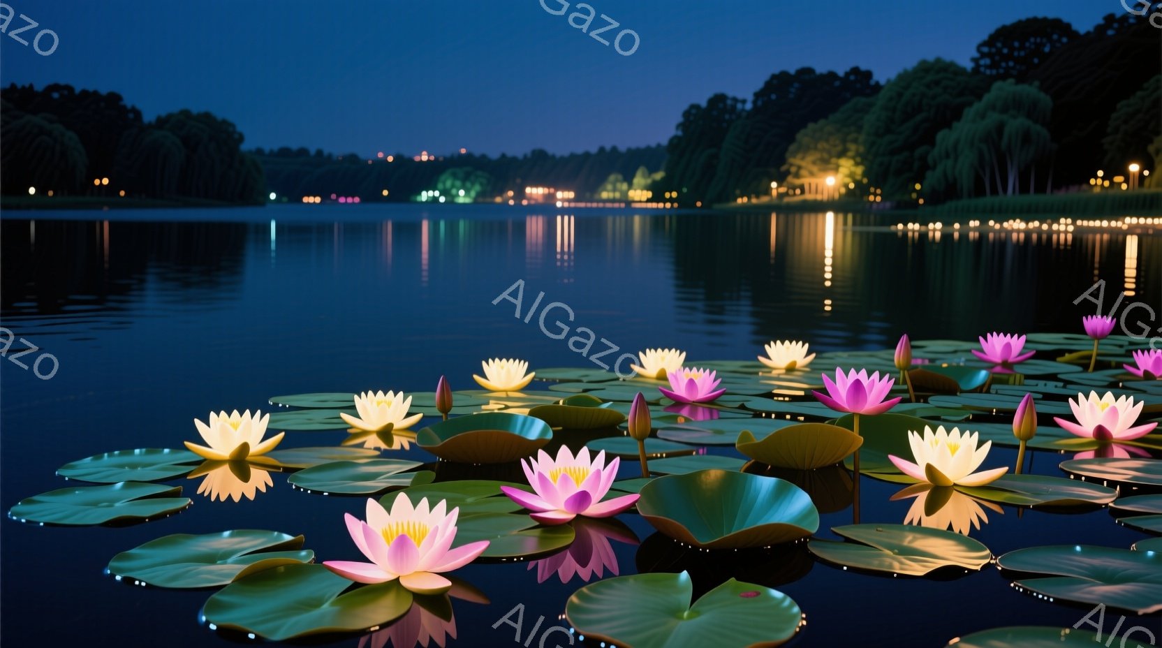 静かな夜の池に、ピンクと白の睡蓮が浮かび、水面を照らしている。遠景には、ぼやけた光の帯が並び、夜の森のシルエットが確認できる。全体的に、穏やかで神秘的な雰囲気を醸し出しており、静寂と美しさが感じられる。
