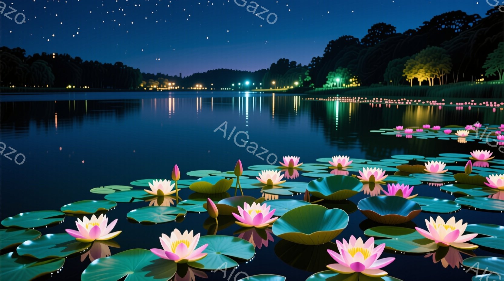 夜の湖面にピンクと白の蓮の花が咲き乱れ、緑の葉が水面を覆っている。遠景には光が灯った建物や木々が見え、夜空には星が輝き、静かで幻想的な雰囲気を醸し出している。水面に映る光と花々の反射が、より一層神秘的な印象を与えている。