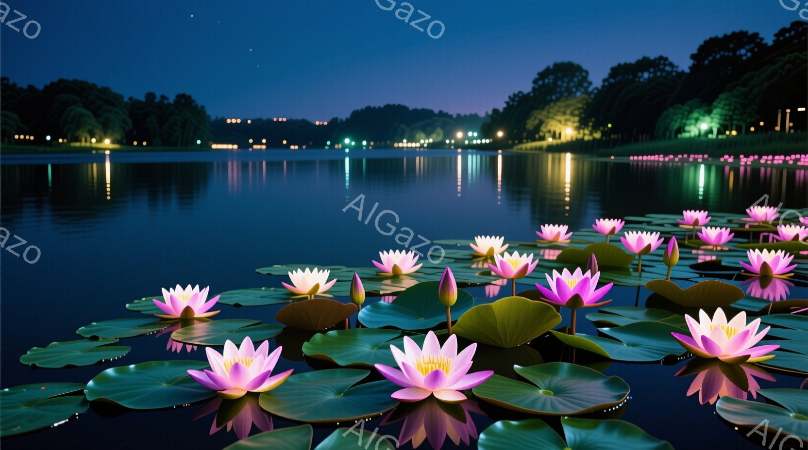 夜の池には、ピンクと白の美しい蓮の花が咲き誇り、緑の大きな葉の上に浮かんでいます。水面は静かで、蓮の花と周囲の木々の光が水面に映り込み、幻想的な雰囲気を醸し出しています。遠くには、ぼんやりとした光が灯り、夜の静けさと自然の美しさを強調しています。