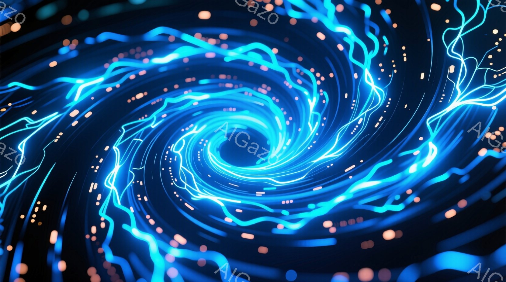 鮮やかな青と紫の光の渦が、暗い背景の中で力強く回転している様子が描かれている。光の線は複雑に絡み合い、中心に向かって螺旋状に集まり、まるでエネルギーの奔流や空間の歪みを表現しているかのようだ。全体的に、神秘的で未来的な雰囲気を醸し出しており、無限に続く空間への入り口を連想させる。