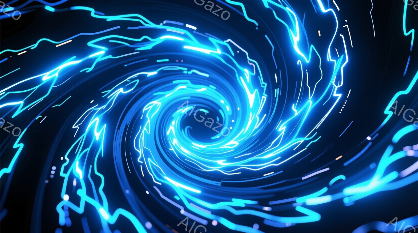鮮やかな青色の光が渦巻く抽象的なイメージです。光の線はねじれ、中心に向かって収束し、まるでトンネルやポータルを思わせます。暗い背景とのコントラストが、この光の渦をより一層際立たせており、未来的な雰囲気を作り出しています。