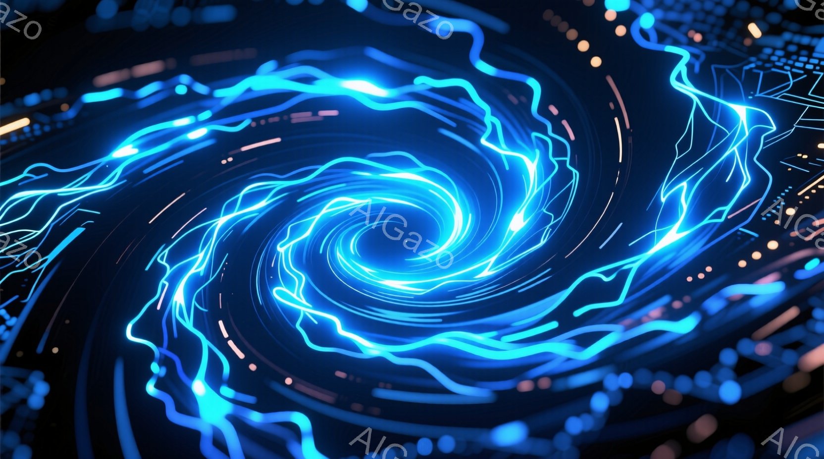 鮮やかな青色の光が渦巻く抽象的なイメージです。中心に向かって螺旋状に伸びる光線は、まるでエネルギーの流れやデータの流れを視覚化したかのようです。背景は暗く、光の軌跡が際立つことで、近未来的な雰囲気とダイナミックな動きを強調しています。