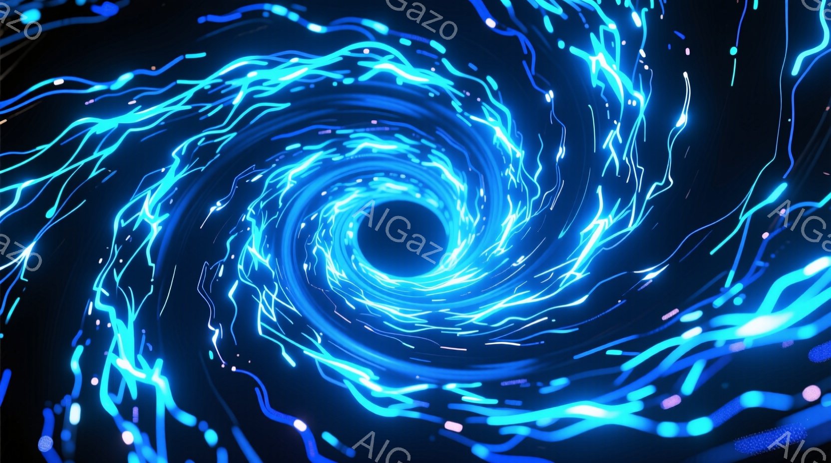 鮮やかな青色の光の渦巻きが画面全体を覆っており、中心には暗黒の空間が広がっています。光はまるでエネルギーの流れのように、複雑に絡み合いながら中心へと吸い込まれていく様子が表現されています。全体的に近未来的な、あるいはサイバー空間のような雰囲気で、力強いエネルギーと神秘的な印象を与えます。