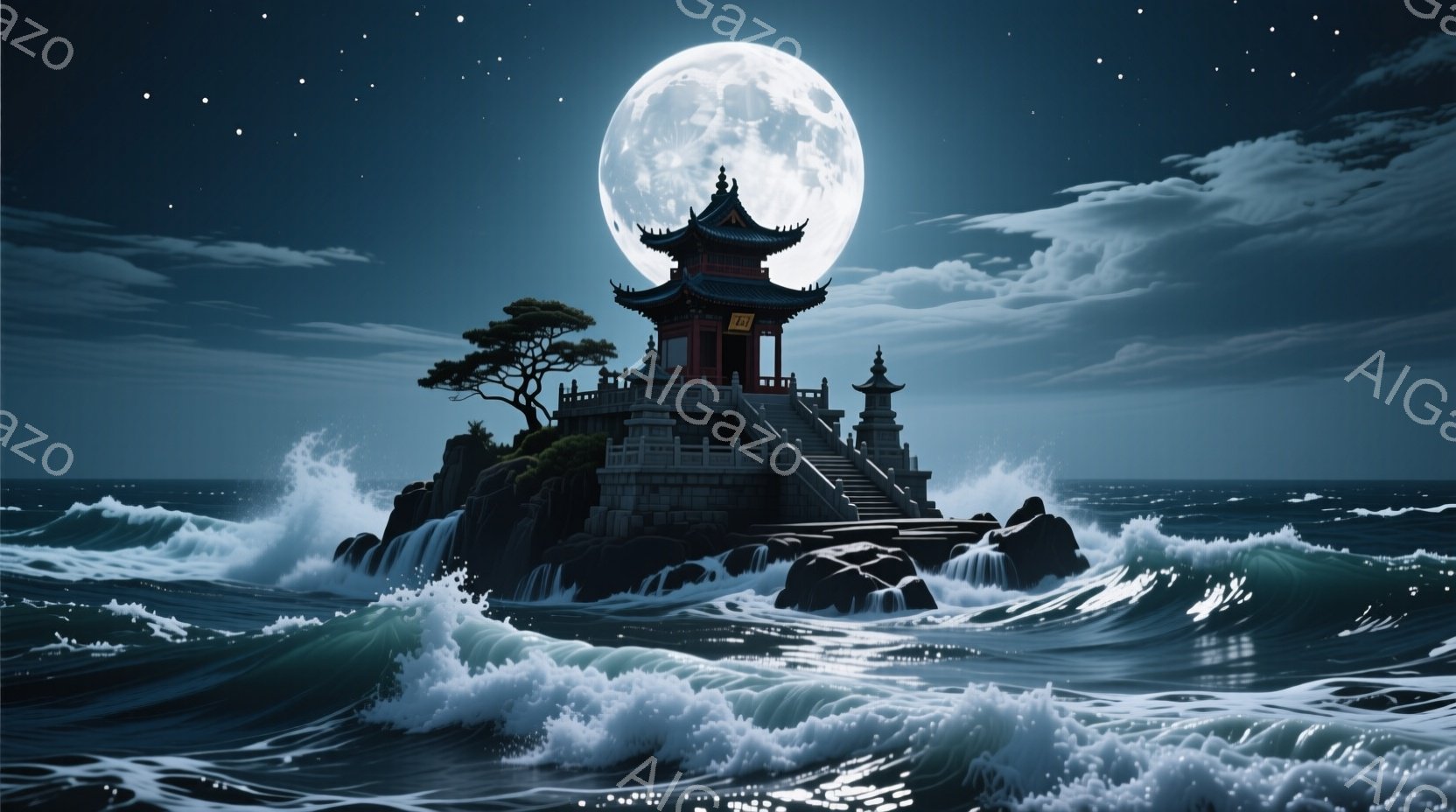 岩の上に建てられた鮮やかな朱色の塔が、荒れ狂う海の波に囲まれている。満月が雲間から輝き、波と塔を照らし出し、神秘的で荘厳な雰囲気を醸し出している。背景には暗雲が広がり、自然の力強さと静寂が共存する様子が表現されている。