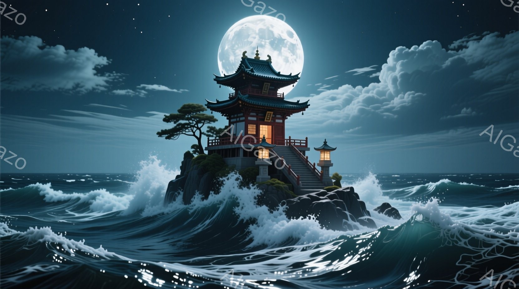 岩の上に建てられた赤い寺院が、荒れ狂う波と夜空に浮かぶ満月を背景にそびえ立っている。寺院は複雑な屋根と精巧な装飾を持ち、周囲には緑豊かな木々が茂っている。波は高く、力強く、満月の光を受けて白く輝き、神 - AI生成フリー素材