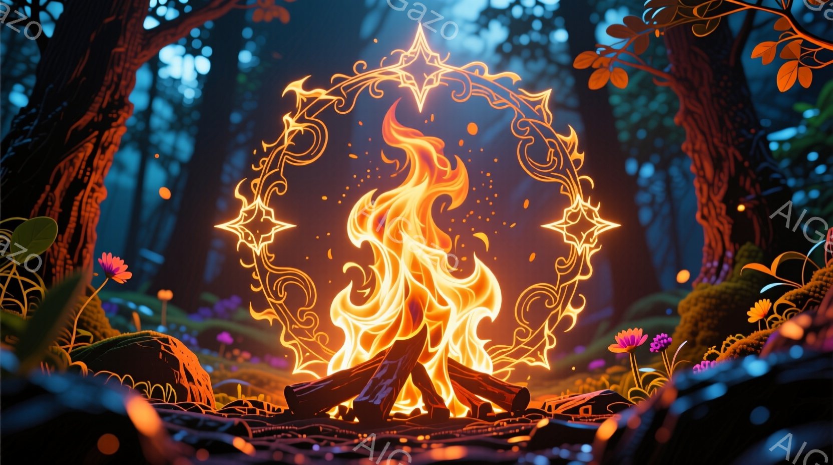 燃え盛る暖炉が、精巧な光の装飾で囲まれています。背景は緑豊かな森で、様々な花やキノコが生い茂り、幻想的な雰囲気を醸し出しています。暖炉の炎はオレンジと黄色の鮮やかな色彩で、木々の緑と対照的に、神秘的な光を放っています。
