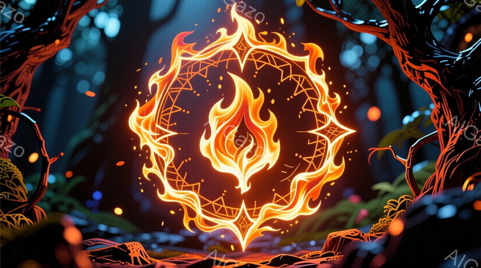 燃え盛る炎が、複雑な模様の円形フレームに収められています。背景は暗く、ねじれた木々やぼんやりとした光の粒子が点在し、神秘的な雰囲気を醸し出しています。全体的に、魔法やファンタジーの世界を連想させる、鮮やかで強力な印象を与える画像です。