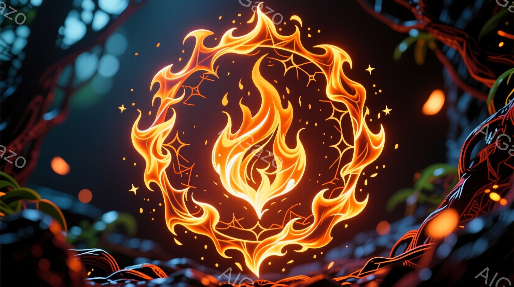 燃え盛る炎が画面中央に大きく描かれており、その形状は鳥の翼や羽毛を連想させるような流麗な曲線を描いている。背景は暗く、オレンジや赤色の光が渦を巻いており、全体的に幻想的で躍動感のある雰囲気を醸し出している。炎は力強く、しかし繊細な光の表現によって、まるで生きているかのような印象を与える。