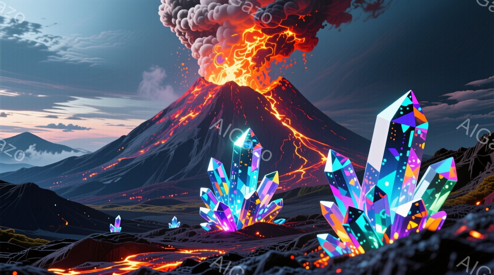 活火山が噴火しており、赤い溶岩が斜面を流れ落ちています。前景には、様々な色に輝くクリスタルのグループが配置され、周囲の暗い風景とのコントラストを際立たせています。背景には、霞んだ山々と薄暗い空が広がり、劇的で幻想的な雰囲気を醸し出しています。