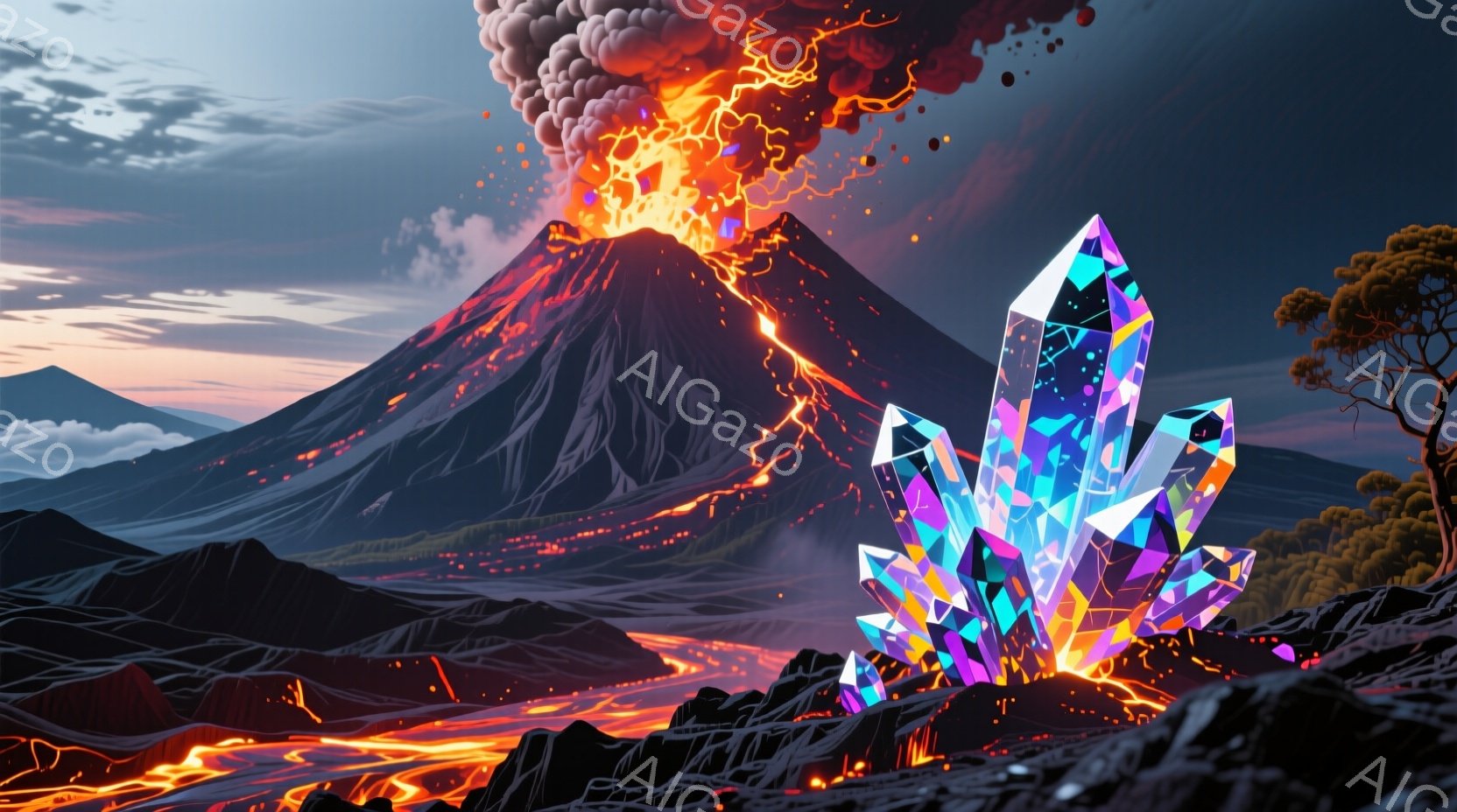 燃え盛る火山が、溶岩の川と共に風景を支配している。地表には巨大なクリスタルのクラスターが生え、その色彩は虹色に輝き、コントラストを際立たせている。遠くには霞んだ山々が見え、空は夕焼けの色合いで、全体的に幻想的でダイナミックな雰囲気を醸し出している。
