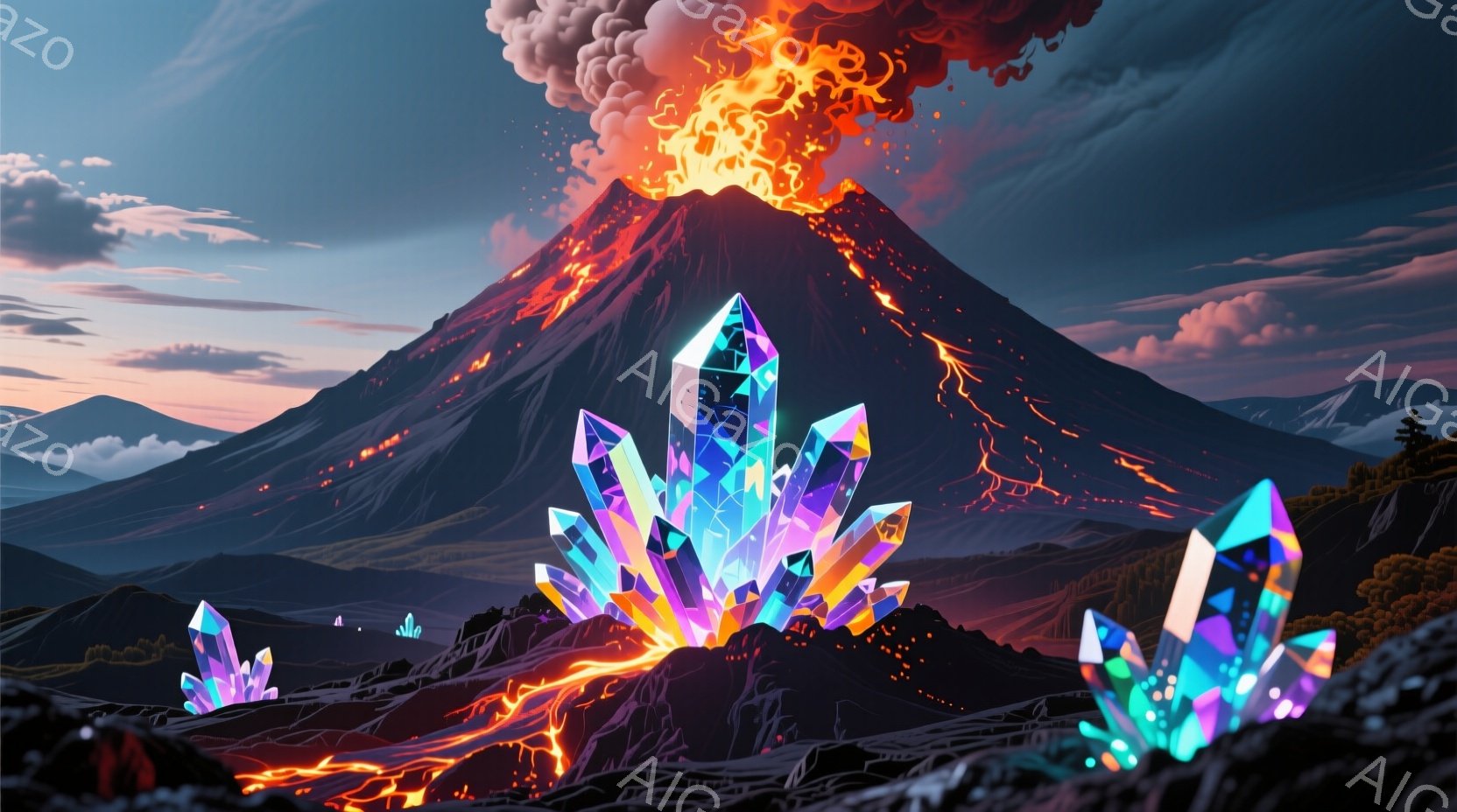 燃え盛る火山を背景に、色鮮やかなクリスタルが複数、溶岩が流れる地面に生えている様子が描かれている。クリスタルは青、紫、ピンクなど様々な色に輝き、幻想的な雰囲気を醸し出している。背景には、他の山々が霞ん - AI生成フリー素材