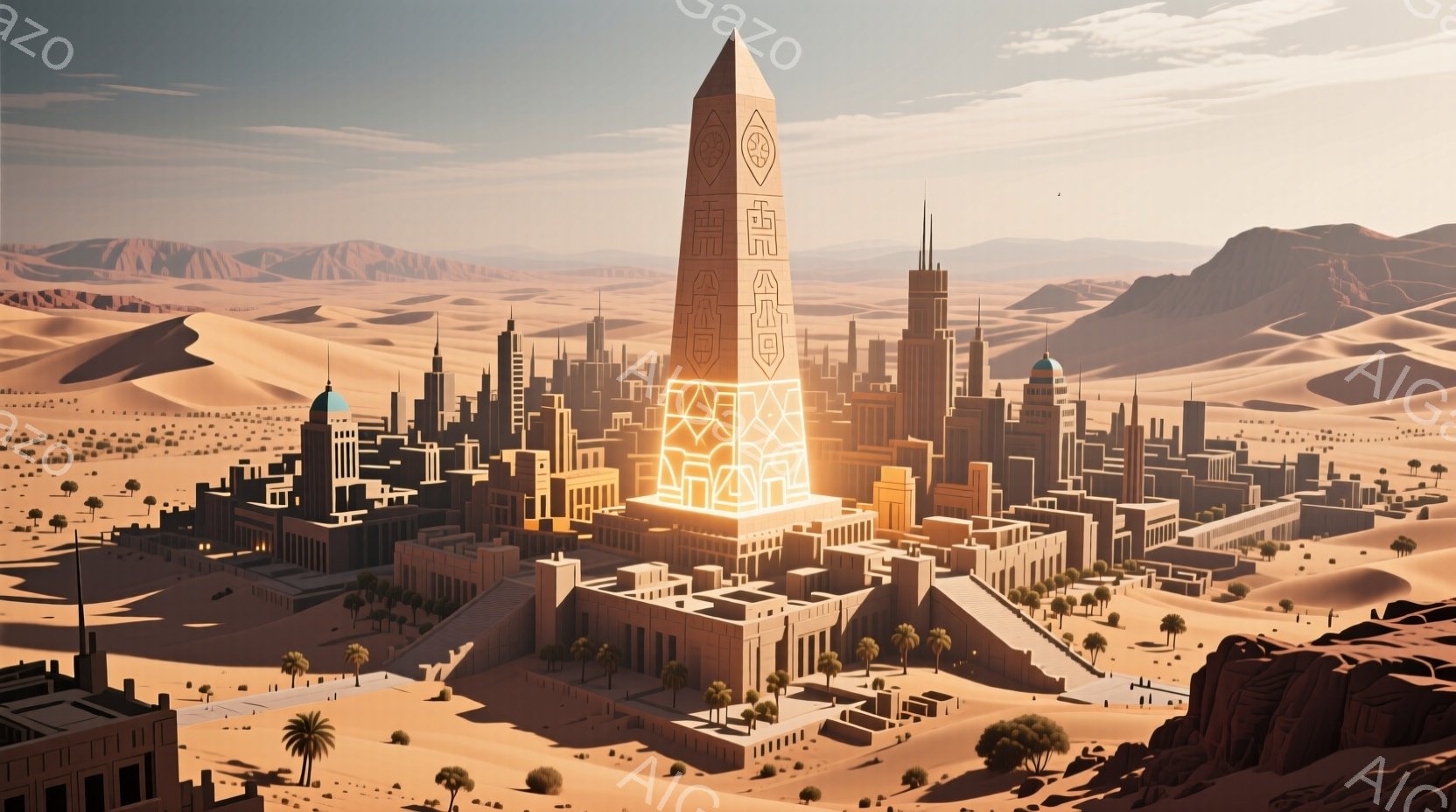広大な砂漠の中に古代都市が広がっており、中心には巨大なピラミッドがそびえ立っている。都市は砂漠の色合いに合わせたベージュや茶色の建物で構成され、ヤシの木が点在し、古代文明の荘厳さと静けさを感じさせる。空は晴れ、暖かく乾燥した気候を暗示し、夕暮れ時の光が都市全体を金色に染めている。