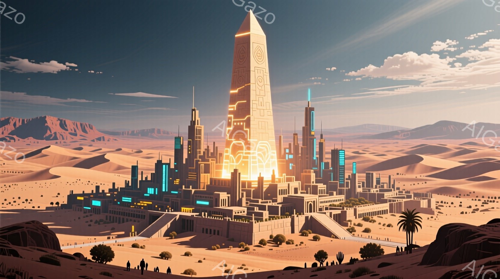 広大な砂漠の中に、未来的な建造物が密集した都市が広がっている。中央には巨大なピラミッド型の建造物が明るく輝き、都市全体を照らしている。遠景には山々が連なり、晴れた空には雲が浮かび、砂漠の植物が点在し、静かで神秘的な雰囲気を醸し出している。