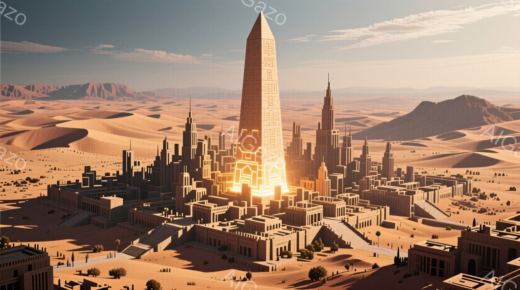 広大な砂漠の中に、古代都市が広がっている。建造物は均一なベージュ色で統一され、ピラミッド型の巨大な建造物が都市の中心で眩い光を放ち、その周囲に規則的に建物が並んでいる。背景には、かすかに連なる山々が砂漠の風景と調和し、全体的に静かで神秘的な雰囲気を醸し出している。