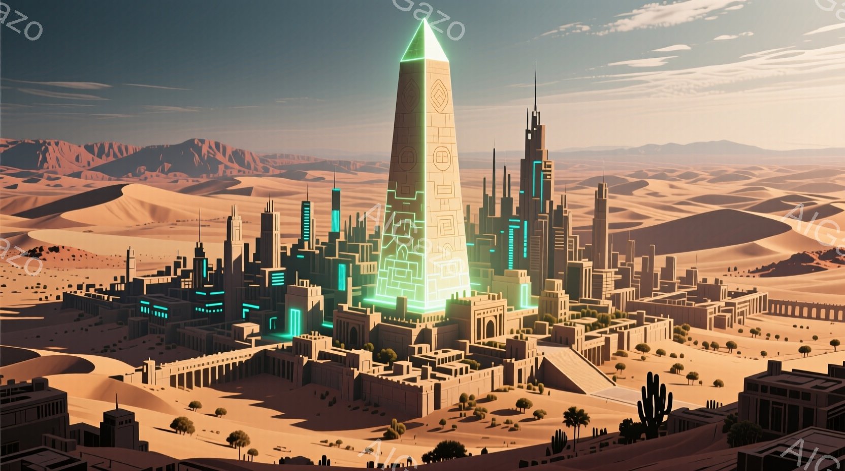 砂漠の中に未来都市が広がっており、中心には緑色の光を放つ巨大なピラミッド型の建造物がそびえ立っています。 都市は幾何学的なデザインの建物で構成され、古代文明と未来技術が融合したような独特の雰囲気を醸し出しています。背景には砂丘や山々が広がり、夕焼けのような暖色系の空が未来都市とのコントラストを生み出しています。