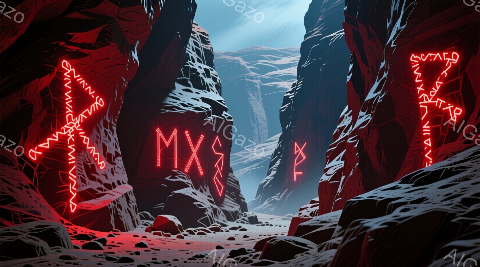 赤茶色の岩肌がそびえ立つ峡谷が描かれている。峡谷の壁には、光るルーン文字のような記号が刻まれ、薄暗い光が照らし出している。峡谷の底は砂利と岩で覆われ、遠くには霞んだ山並みが広がり、神秘的で荒涼とした雰囲気を醸し出している。