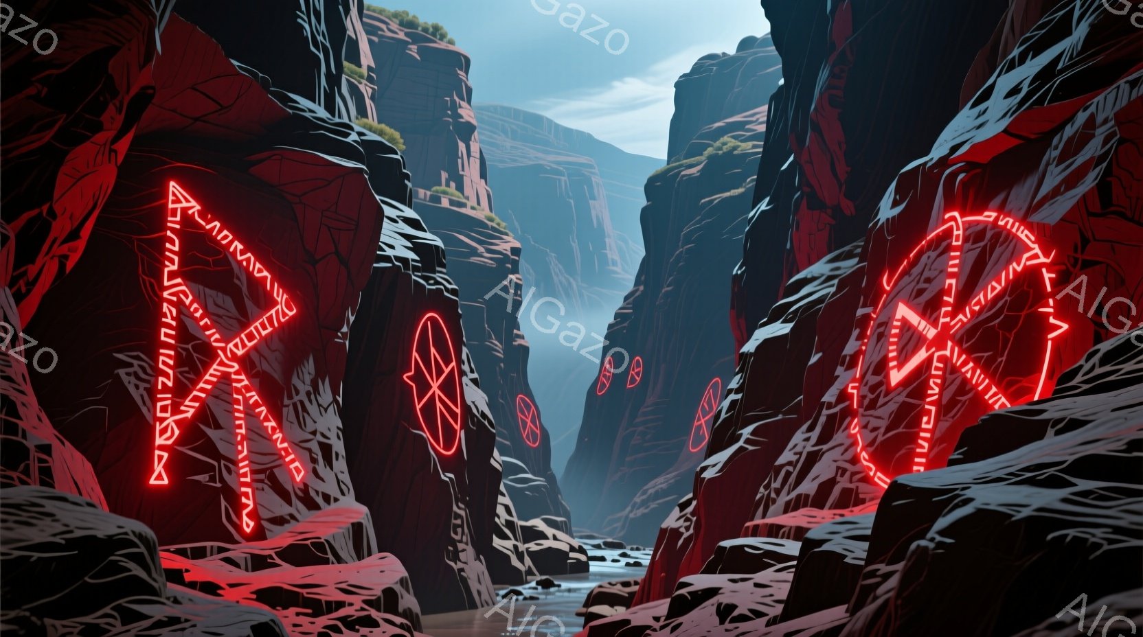 赤茶色の険しい岩壁が両側高くそびえ立ち、そこには発光する赤い象形文字が刻まれています。谷底には薄い霧が立ち込め、遠くにはかすかな光が見え、神秘的な雰囲気を醸し出しています。全体的に、古代遺跡や異世界に通じるような、重厚で幻想的な情景が描かれています。