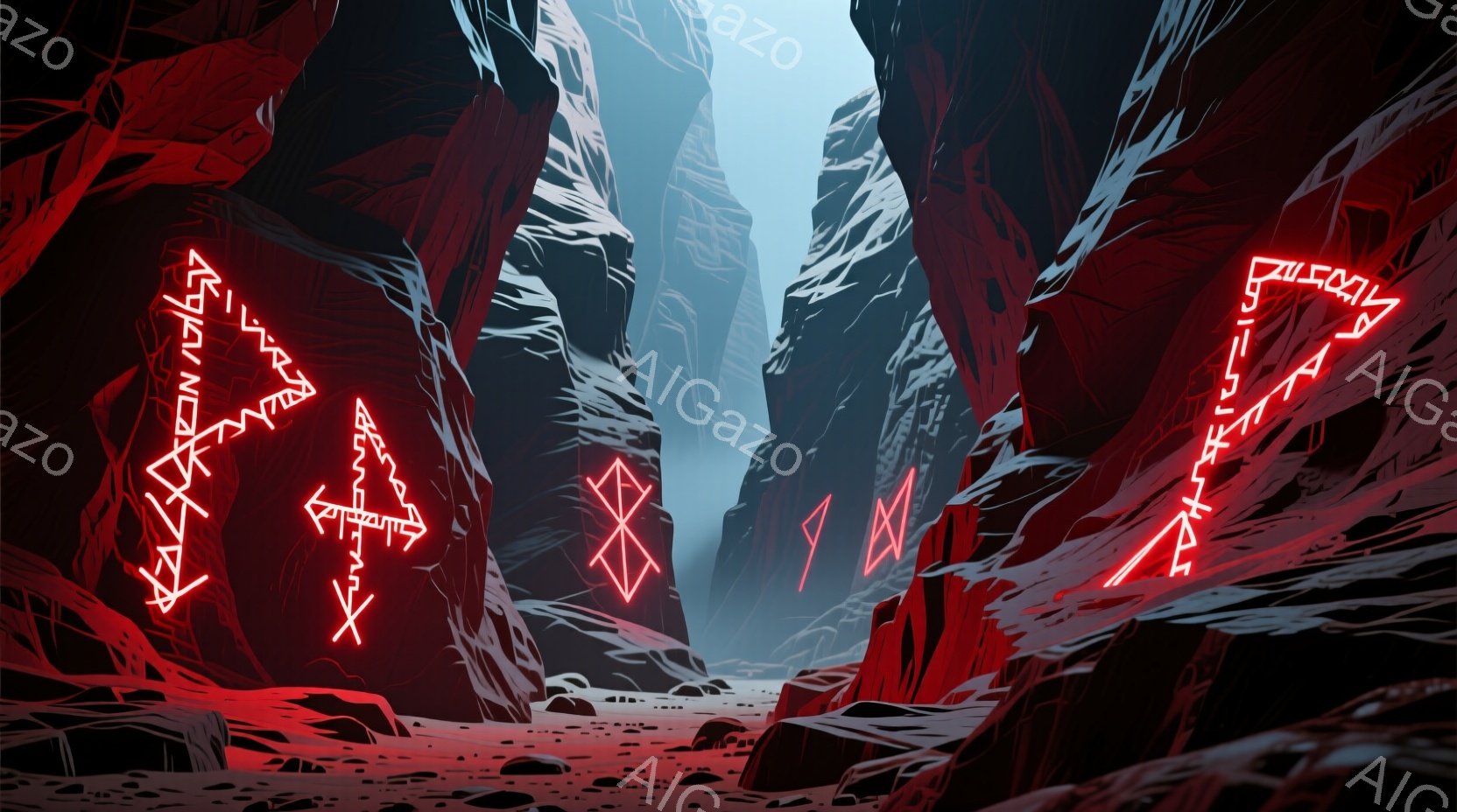 険しい岩壁がそびえ立ち、赤い線のようなシンボルが壁一面に刻まれている風景だ。地平線は霞んでおり、暗く不気味な雰囲気で、まるで異世界への入り口のようだ。地面は赤みがかった岩石で覆われ、全体的に緊張感と神秘性を感じさせる。
