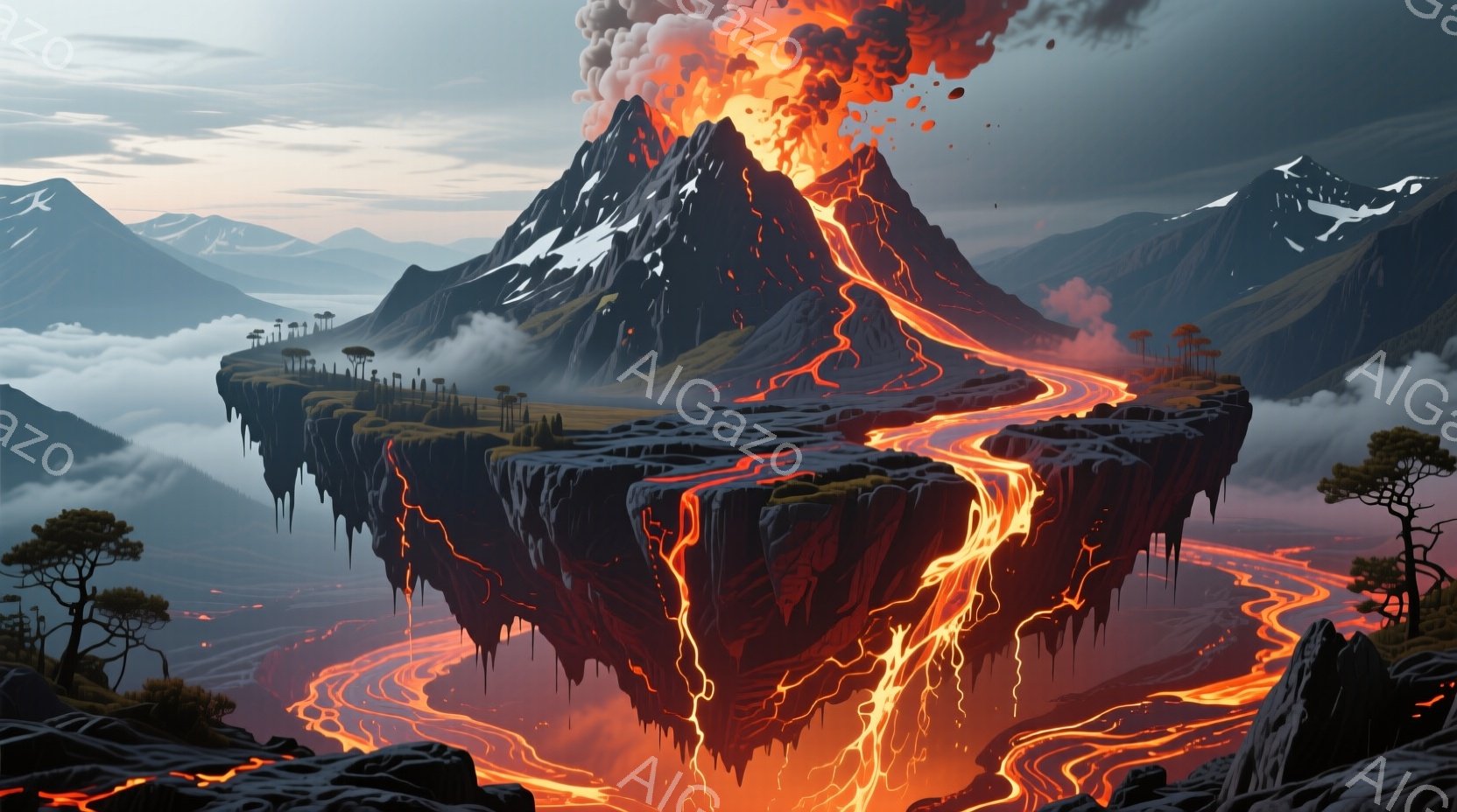 空中に浮かぶ島全体が活火山に覆われ、溶岩が流れ落ちています。島の周囲には、濃い霧に覆われた山々が連なり、そのコントラストが印象的です。全体的に、荒涼とした力強さと、神秘的な雰囲気が漂っています。 - AI生成フリー素材