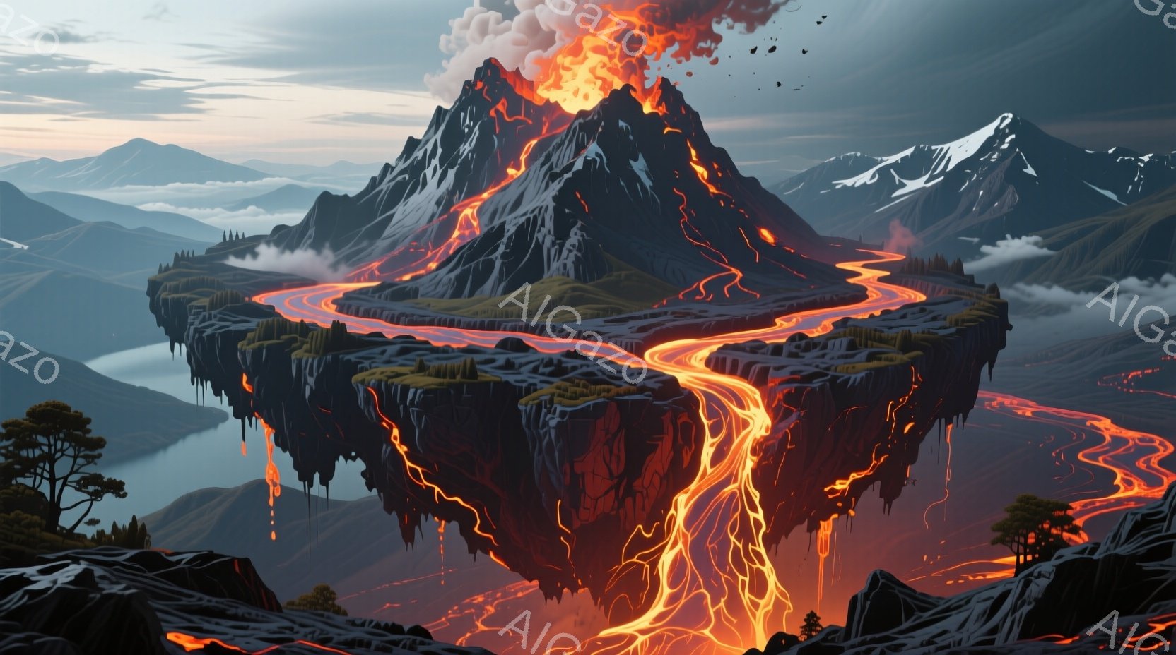 浮遊する島が描かれており、中央には噴火する火山が聳え立っています。溶岩が島の表面を流れ落ち、周囲には緑豊かな植物が点在し、遠くには雪を抱いた山々が霞んで見えます。全体的に、幻想的でドラマチックな雰囲気を醸し出しています。