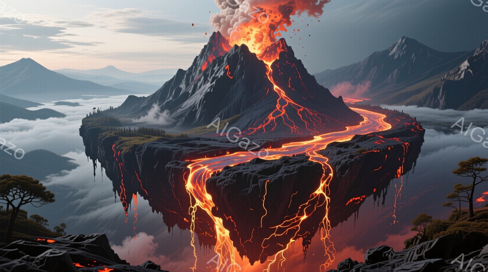 浮遊する島が描かれており、その中央には噴火する火山がそびえ立っています。溶岩が滝のように流れ落ち、島の縁から滴り落ちる様子が印象的で、周囲には霧が立ち込める山々が連なっています。 全体的に、力強く神秘 - AI生成フリー素材