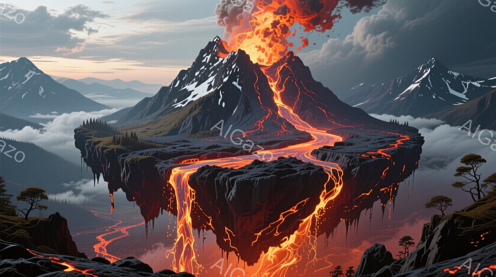 浮遊する岩山が描かれており、頂上から溶岩が噴出し、燃え盛る様子が印象的です。岩山の周囲には、緑豊かな低地が広がり、遠くには雪を頂いた山々が連なっています。全体的に、自然の力強さと幻想的な雰囲気が混ざり合った、壮大な光景が表現されています。