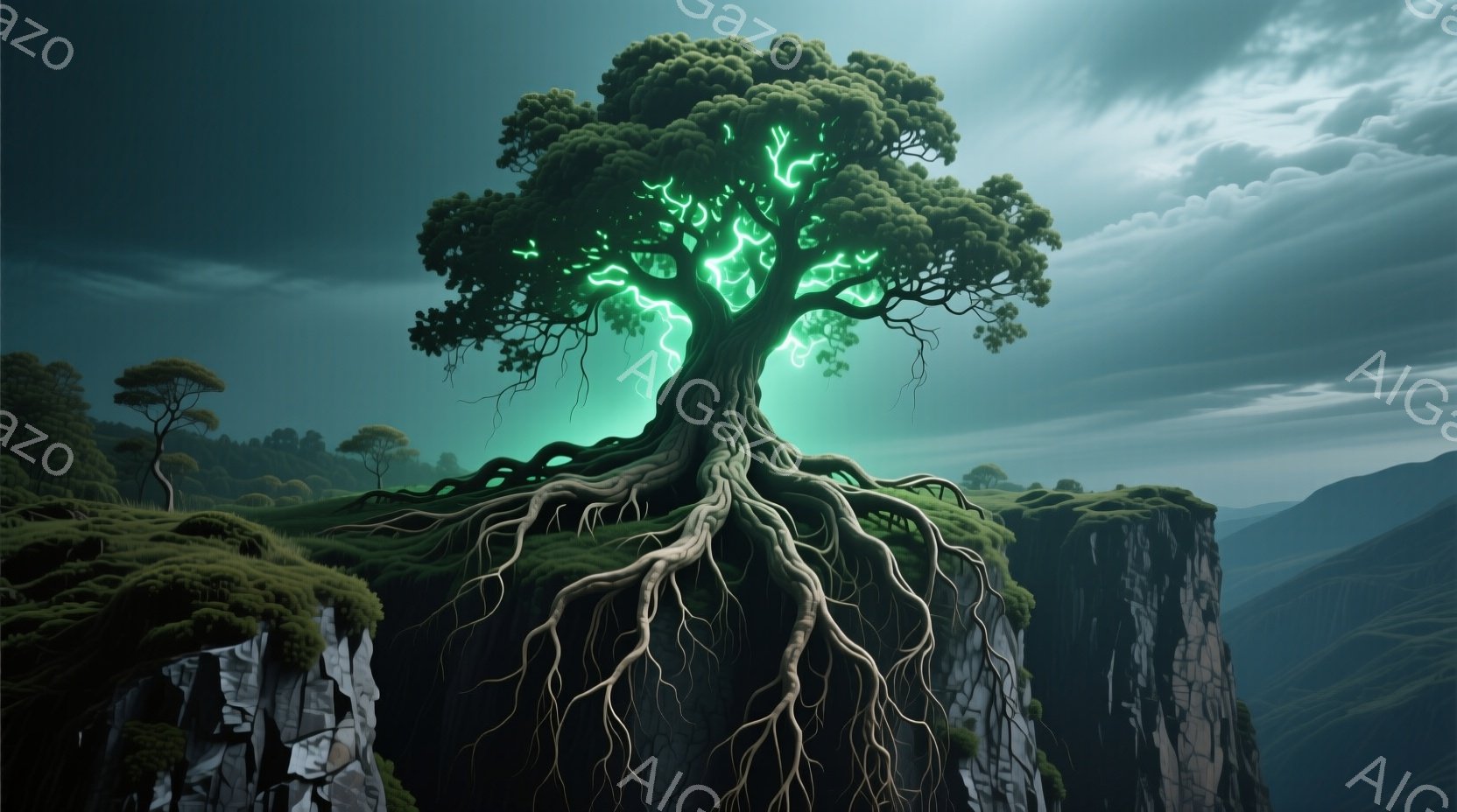 岩だらけの崖の上に生い茂る巨大な木が印象的な画像です。木の幹と枝は緑色の光で脈打ち、まるで生命エネルギーが内側から輝いているかのようです。背景には霞んだ山々が広がり、重厚な雲が空を覆っており、神秘的で幻想的な雰囲気を醸し出しています。
