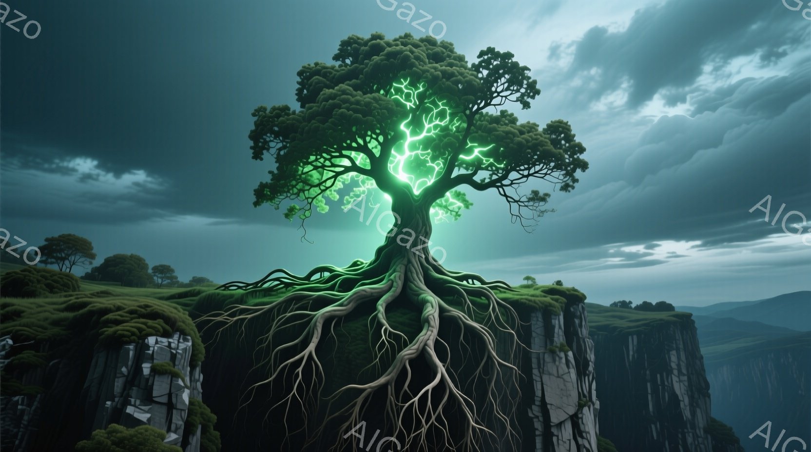 険しい崖の上に堂々と立つ巨大な木が印象的です。木の根は崖から伸びており、まるで生きているかのように力強く絡み合っています。空は暗雲に覆われ、木の中には緑色の光が脈打つように輝き、神秘的で力強い雰囲気を醸し出しています。