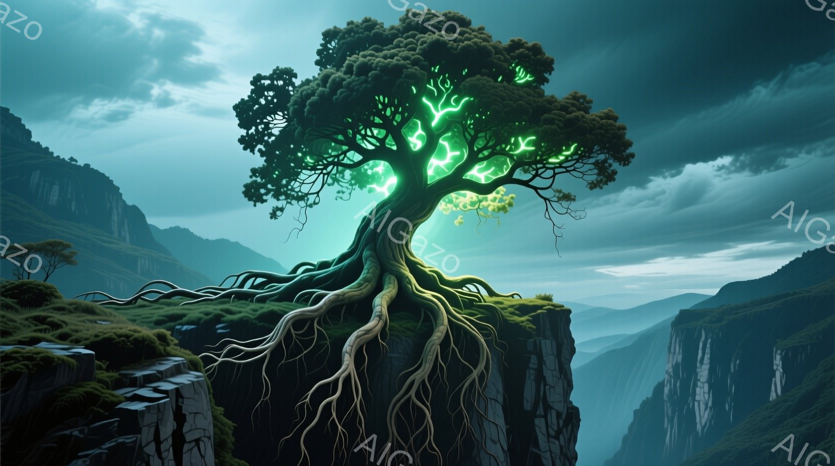 険しい崖の上に力強く根を張る大木が印象的な画像です。木の内部から発光する緑色のエネルギーが神秘的な雰囲気を醸し出し、周囲の緑豊かな自然とのコントラストが美しいです。背景には深い渓谷が広がり、雲が立ち込める空が、自然の力強さと静寂を強調しています。