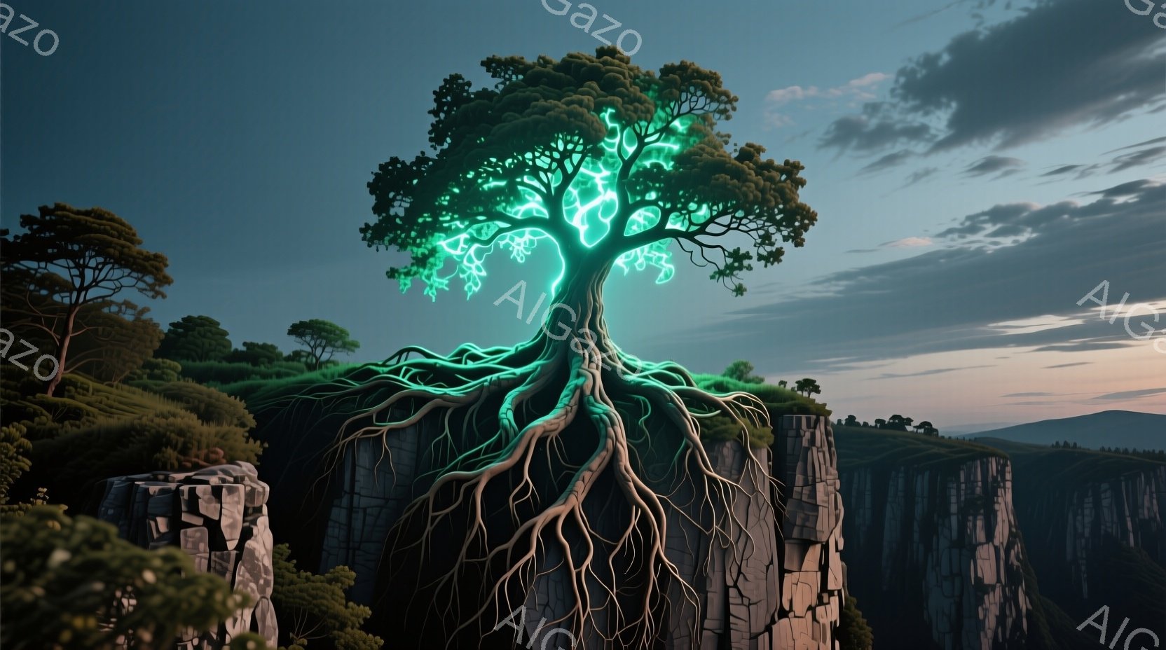 岩だらけの崖の上に堂々と立つ巨大な木が印象的な画像です。木の葉と枝は鮮やかな緑色の光を放ち、まるで生命力に満ち溢れているかのようです。背景には緑豊かな丘陵地帯が広がり、夕焼け空が幻想的な雰囲気を醸し出しています。