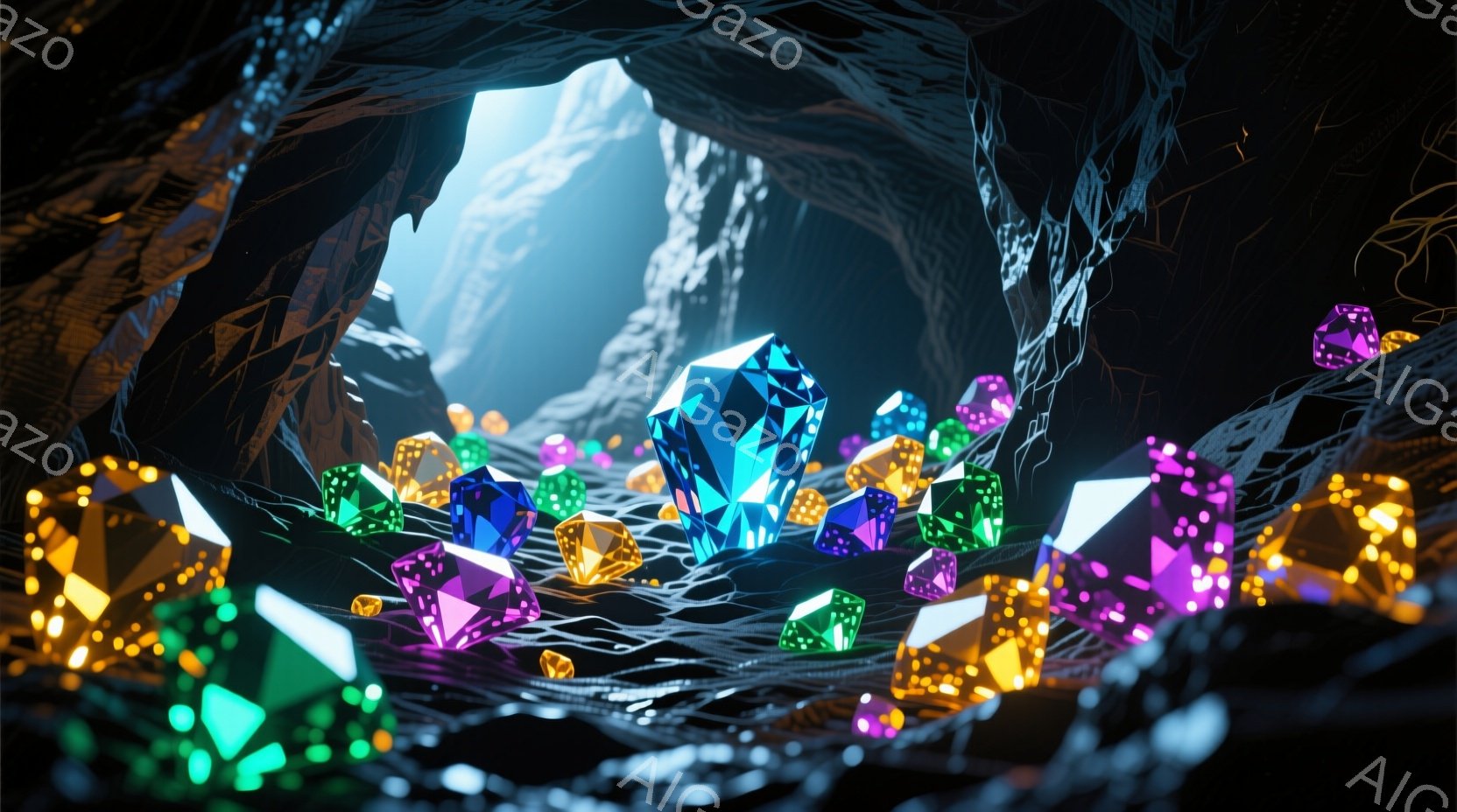 画像は洞窟の内部を示しており、様々な色の宝石やサイコロが散らばっています。青、緑、紫、オレンジ、黄色の宝石が暗闇の中で発光し、ドラマチックな光景を作り出しています。洞窟の壁は粗く、不規則な形状をしており、神秘的で幻想的な雰囲気を醸し出しています。