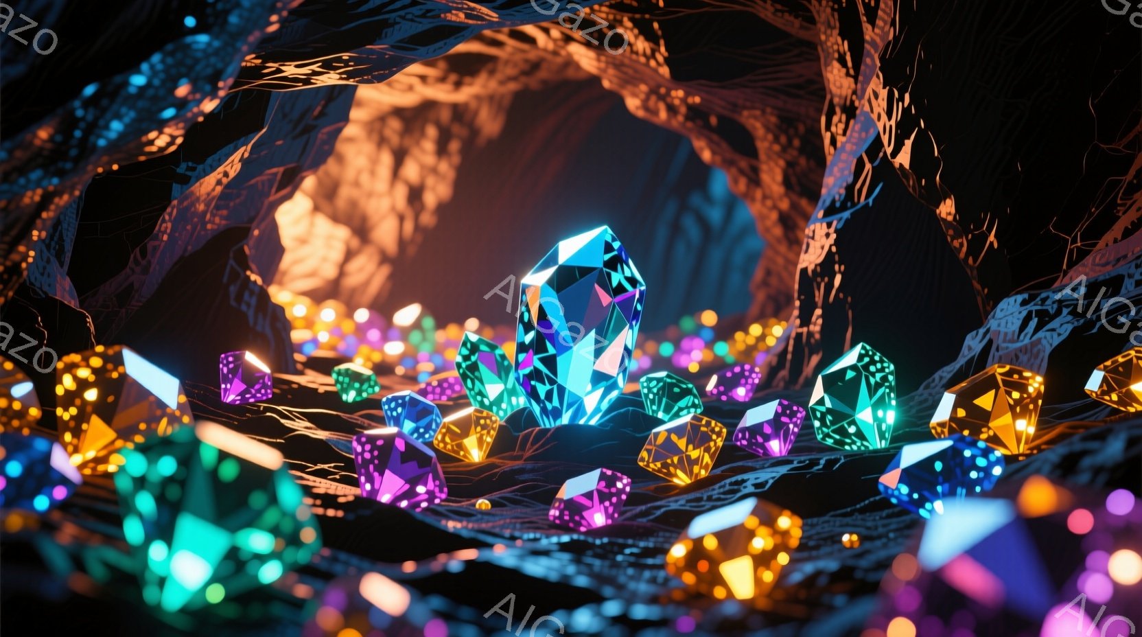 暗い背景に、多様な色の結晶が散らばり、まるで星屑のような光を放っている。鮮やかな青、紫、黄色、緑色の結晶は、独特の形状をしており、その光が周囲の暗闇を照らし出している。全体的に幻想的で神秘的な雰囲気が漂い、まるで宝の洞窟の中にいるような感覚を覚える。