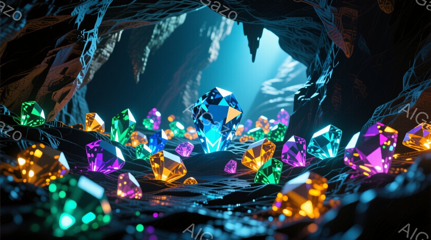 洞窟内に、さまざまな色合いの多面体の結晶が密集して配置されています。青、紫、オレンジ、緑などの鮮やかな色が、暗い背景の中で光り輝き、まるで宝石のコレクションのようです。背景は複雑な形状の岩肌で、幻想的 - AI生成フリー素材