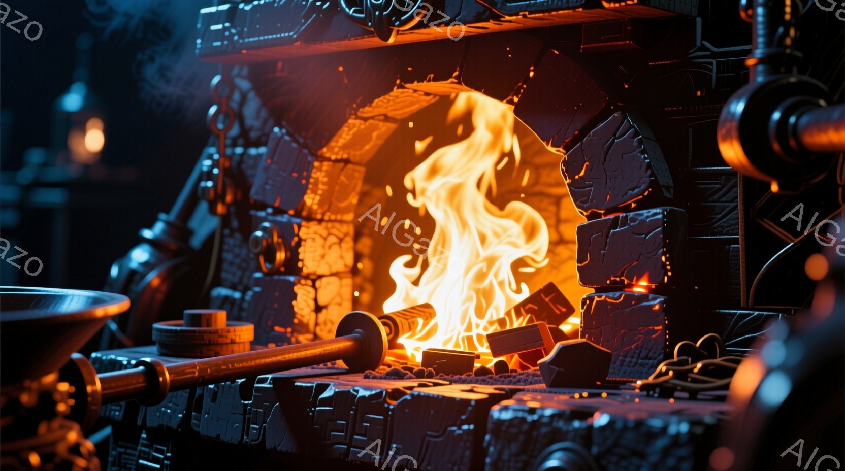 鍛冶場の内部と思わしき場所で、燃え盛る炎が金属を照らし出している。複雑な金属製の構造物が背景に広がり、重厚で産業的な雰囲気を醸し出している。炎の熱気が画面全体に広がり、力強く、危険な印象を与える。 - AI生成フリー素材