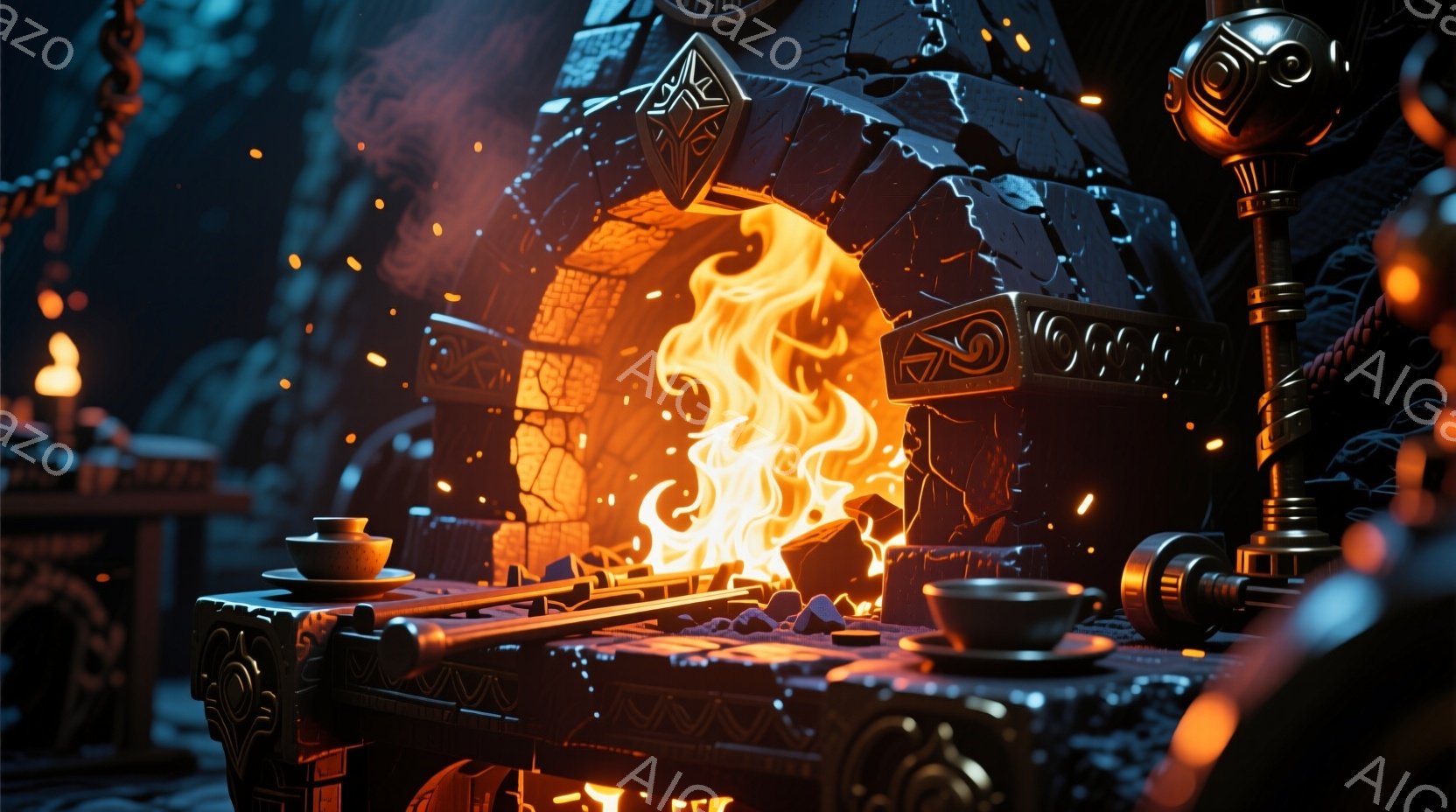 鍛冶場の光景が描かれている。燃え盛る炎の中に熱せられた金属が置かれ、周囲には装飾的な金属製の容器が並んでいる。背景は暗く、他の金属製の工芸品や道具がぼんやりと見える、神秘的で力強い雰囲気が漂う。