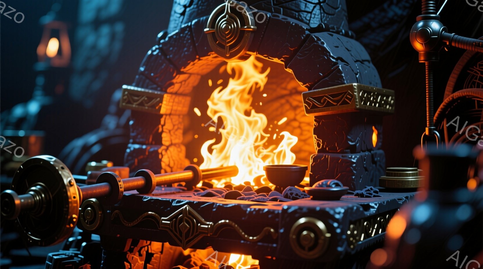 燃え盛る炉の内部が捉えられており、高温の炎と赤熱した炭が金属製の台の上に広がっている。複雑な装飾が施された機械部品やパイプが炉の周りを囲み、スチームパンク風の工房の一部を思わせる。全体的に暗い背景と炎のコントラストが、重厚で神秘的な雰囲気を醸し出している。