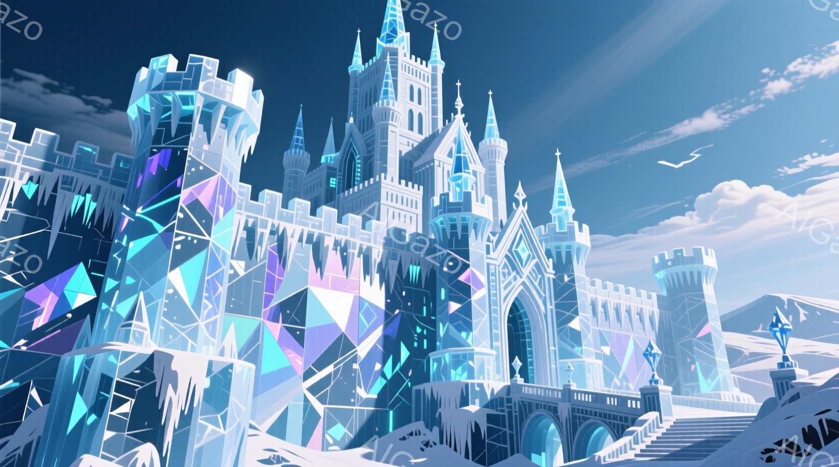 氷と雪でできた壮大な城が、背景にそびえ立っています。城はゴシック様式で、尖塔やアーチが特徴的で、全体的に青と白の色調で覆われています。雪に覆われた山々と、澄み切った青空が広がり、遠くには小さな鳥が飛ん - AI生成フリー素材
