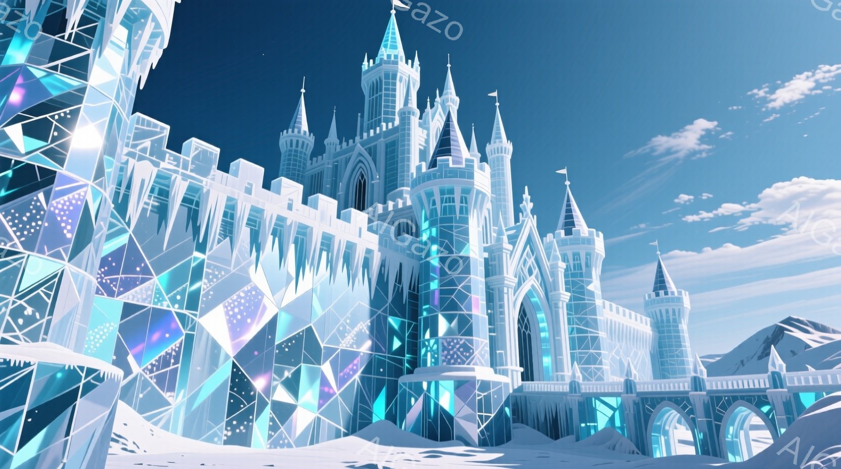 氷のような透明な構造でできた壮大な城が、雪に覆われた山々を背景にそびえ立っている。城は幾何学的なデザインで、光が反射して虹色に輝き、冬の空の下で幻想的な雰囲気を醸し出している。雪原と青空が広がり、冷たく美しい冬の景色を描写している。