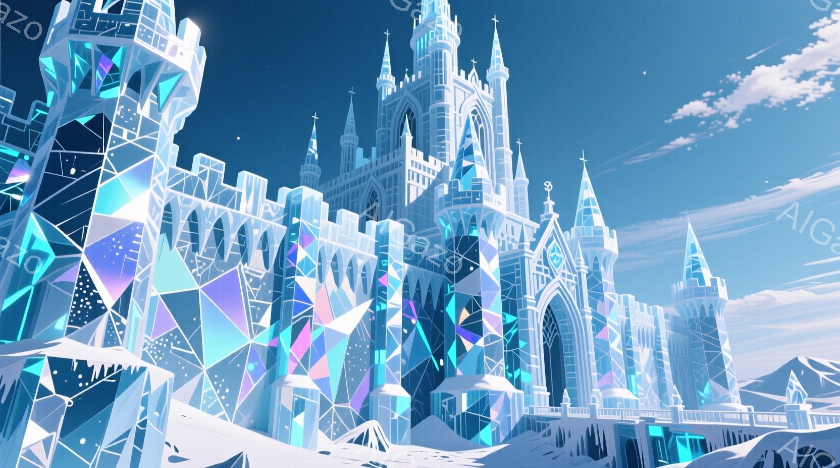 氷の結晶で構成された壮大な城が、雪に覆われた山々を背景にそびえ立っている。城はゴシック様式で、尖塔やアーチが特徴的で、全体的に青や白の美しいグラデーションが施されている。空は晴れ渡り、城の冷たく輝く姿と雪山の白さが、幻想的で静謐な雰囲気を醸し出している。
