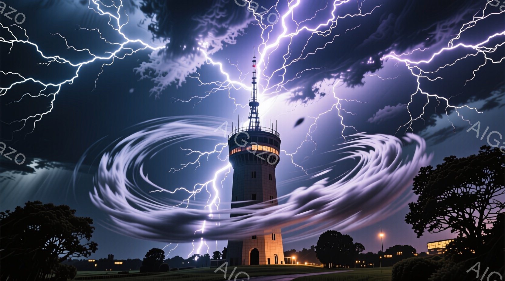 巨大な塔が雷雲に囲まれ、稲妻が激しく降り注いでいる様子が描かれている。塔は石造りのアーチと金属製の高い構造物で構成され、暗い空とのコントラストが強い。背景には、遠くに見える建物の光と木々のシルエットがあり、全体的にドラマチックで嵐の雰囲気が漂っている。