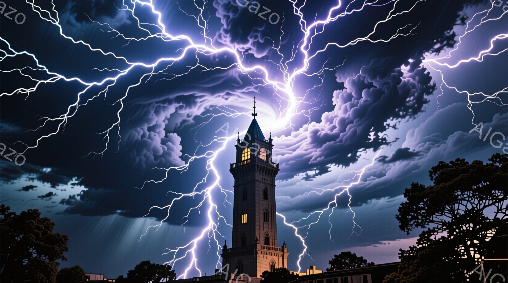 夜空に雷光が走り、石造りの高い塔がその中で際立っている。塔はゴシック様式で、細部にわたる装飾が施され、暗い空を背景に荘厳な雰囲気を醸し出している。周囲は鬱蒼とした木々で囲まれ、暗闇と雷光が織りなすドラマチックな光景を作り出している。