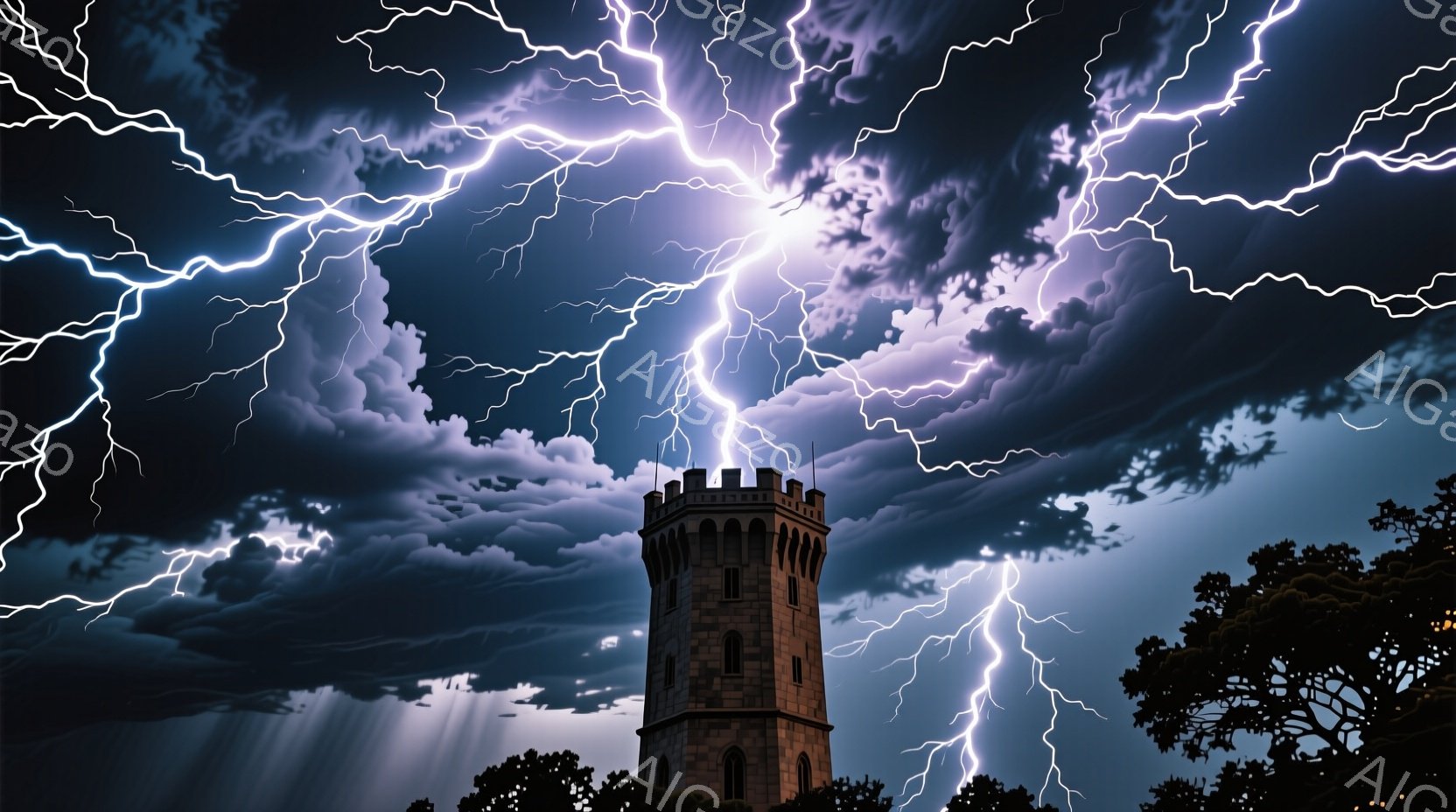 激しい雷雨の中、石造りの塔が浮かび上がっている。空は暗雲に覆われ、稲妻が塔の周囲で激しく光り、その荘厳な姿を強調している。背景には暗い木々が見え、全体的にドラマチックで脅威的な雰囲気を醸し出している。