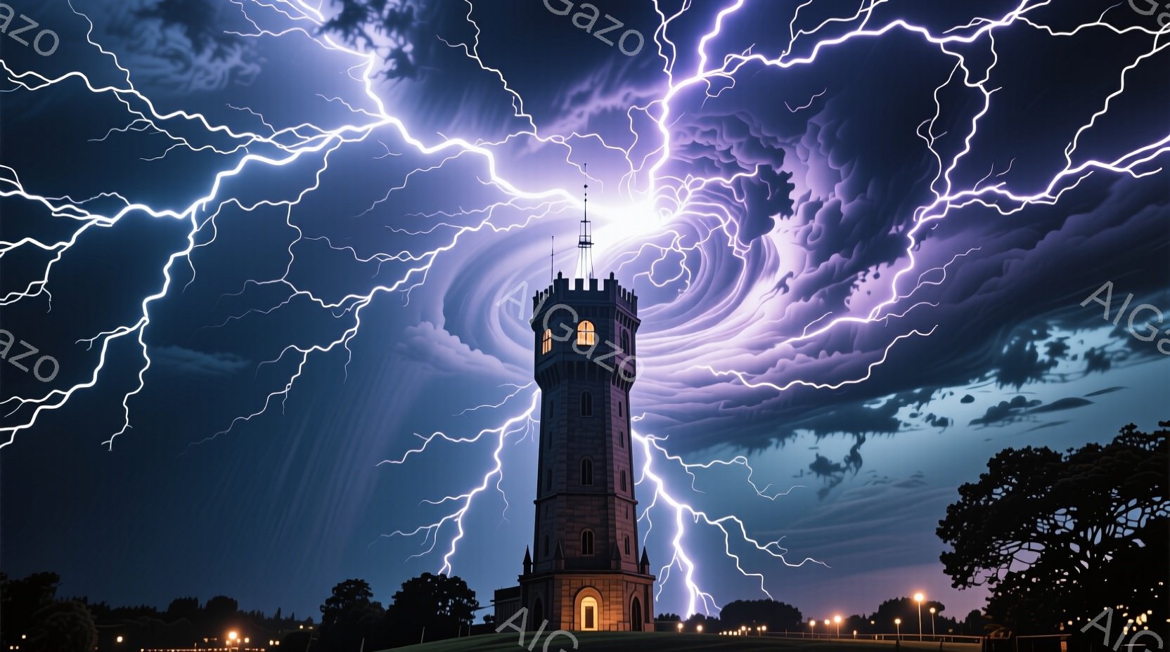 漆黒の空に稲妻が走り、古城のような塔がその中心にそびえ立っている。塔は石造りで、優雅なアーチ窓と尖塔を持ち、そのシルエットが雷光に照らされている。周囲には緑の芝生と木々が広がり、遠くにはぼんやりと街の明かりが見える、嵐の夜の荘厳でドラマチックな光景である。