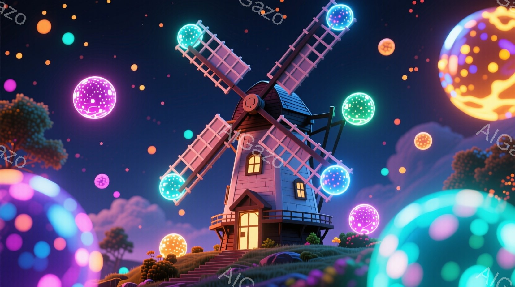 鮮やかな色彩の風車が、緑豊かな丘の上に建っています。周囲には、さまざまな色をした光る球体が浮かび、ファンタジーのような雰囲気を醸し出しています。背景には穏やかな雲と、遠くに見える建物が描かれており、全体的に明るく、遊び心に満ちた印象を与えます。